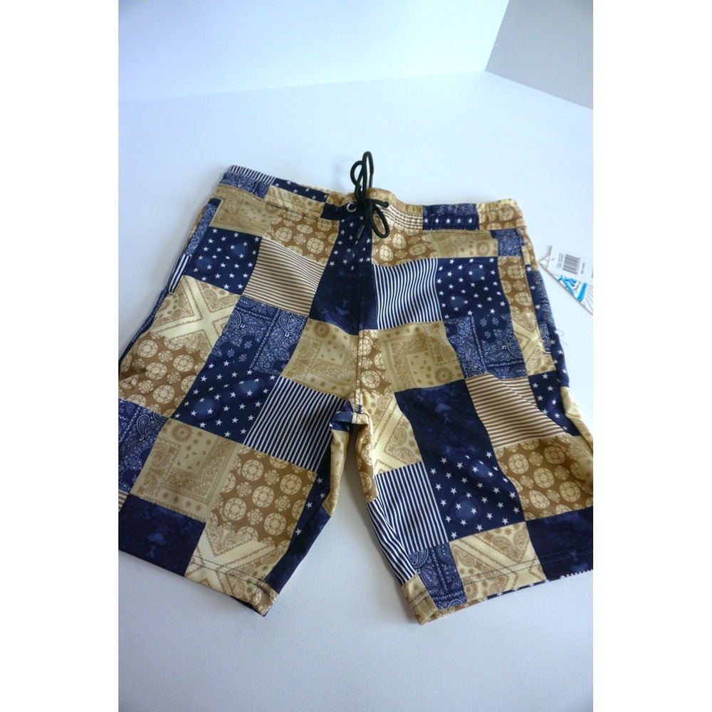 Fresh Prints of Bel-Air Mens Navy Ecru Patchwork Bandana Board Shorts Large NEW